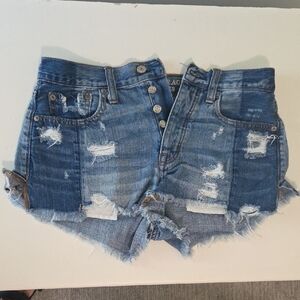 American Eagle Button Fly Blue Distressed Jean Shorts